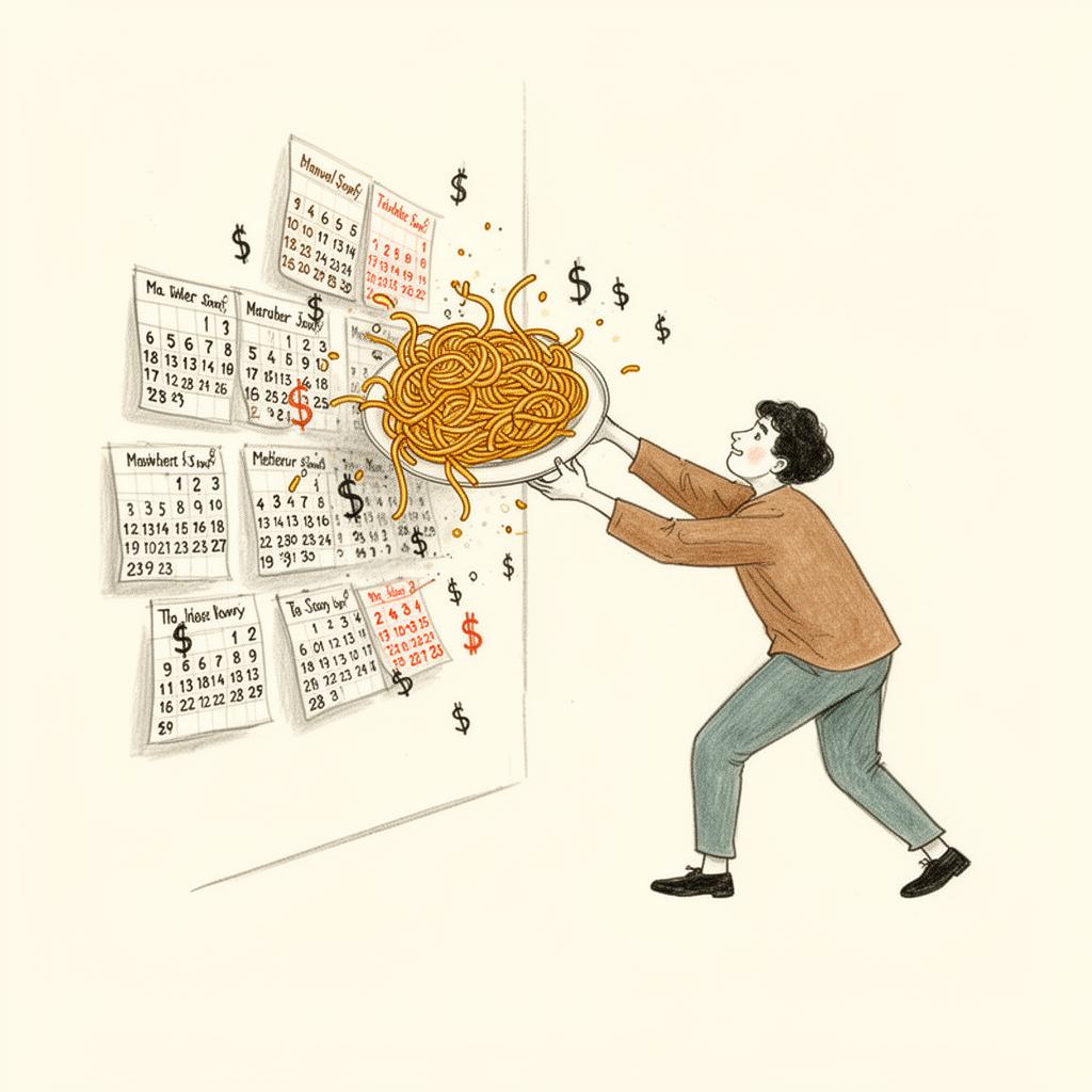 Person throwing a plate of spaghetti at a wall covered in calendars and dollar signs