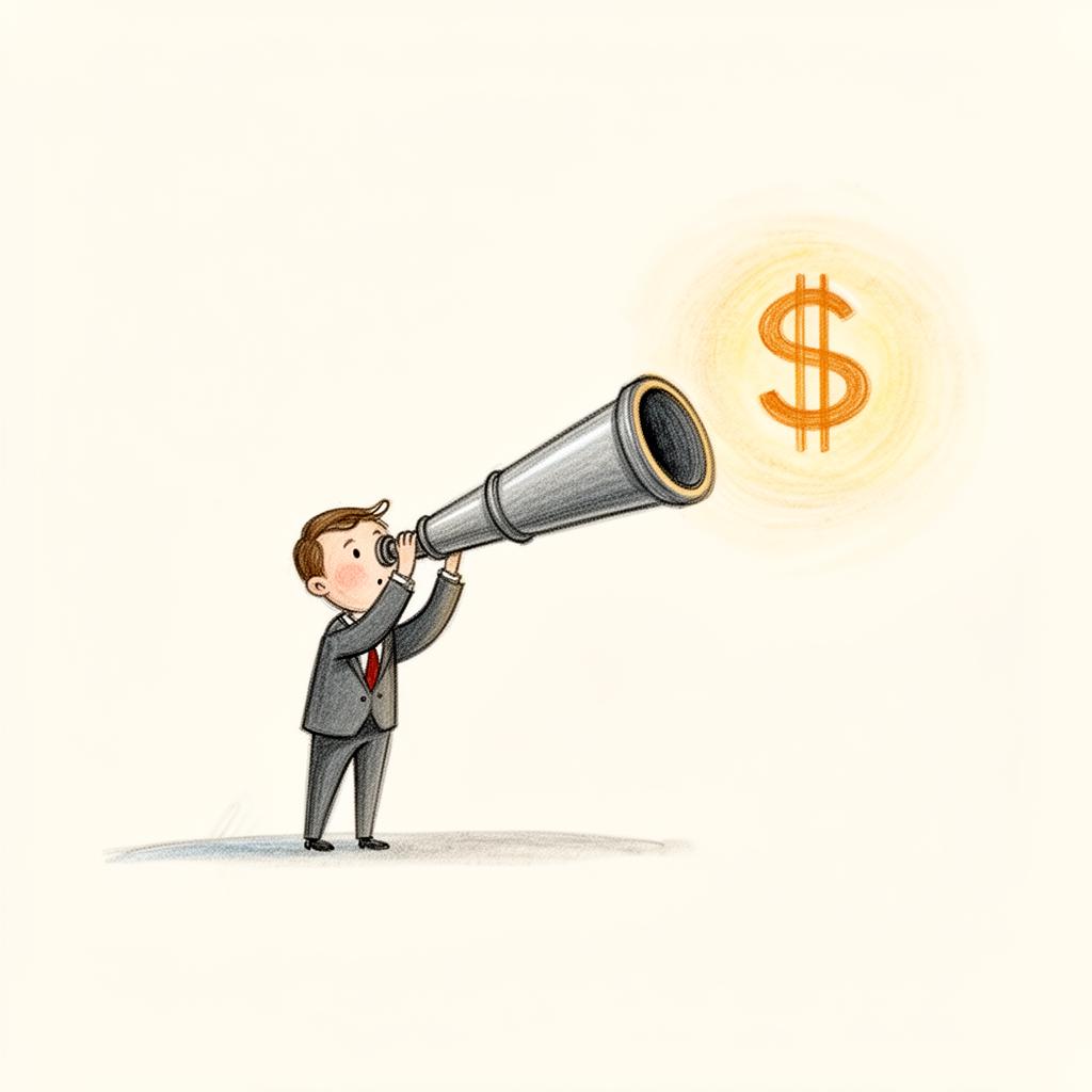 Tiny businessman peering through a telescope at a glowing dollar sign